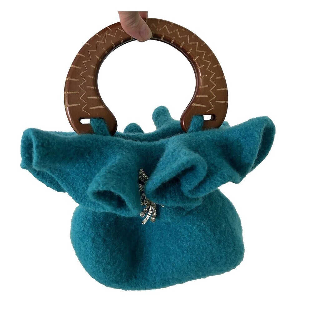 Handmade Felted Wool Handbag Purse Wood Handle Turquoise Blue Ruffle Artsy